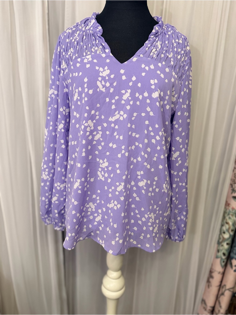Lavender Printed V-Neck Long-Sleeve Blouse